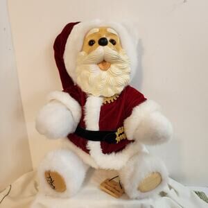 Robert Raikes Collectible Santa Bear Plush Wood Face Signed 12 Inch Vintage